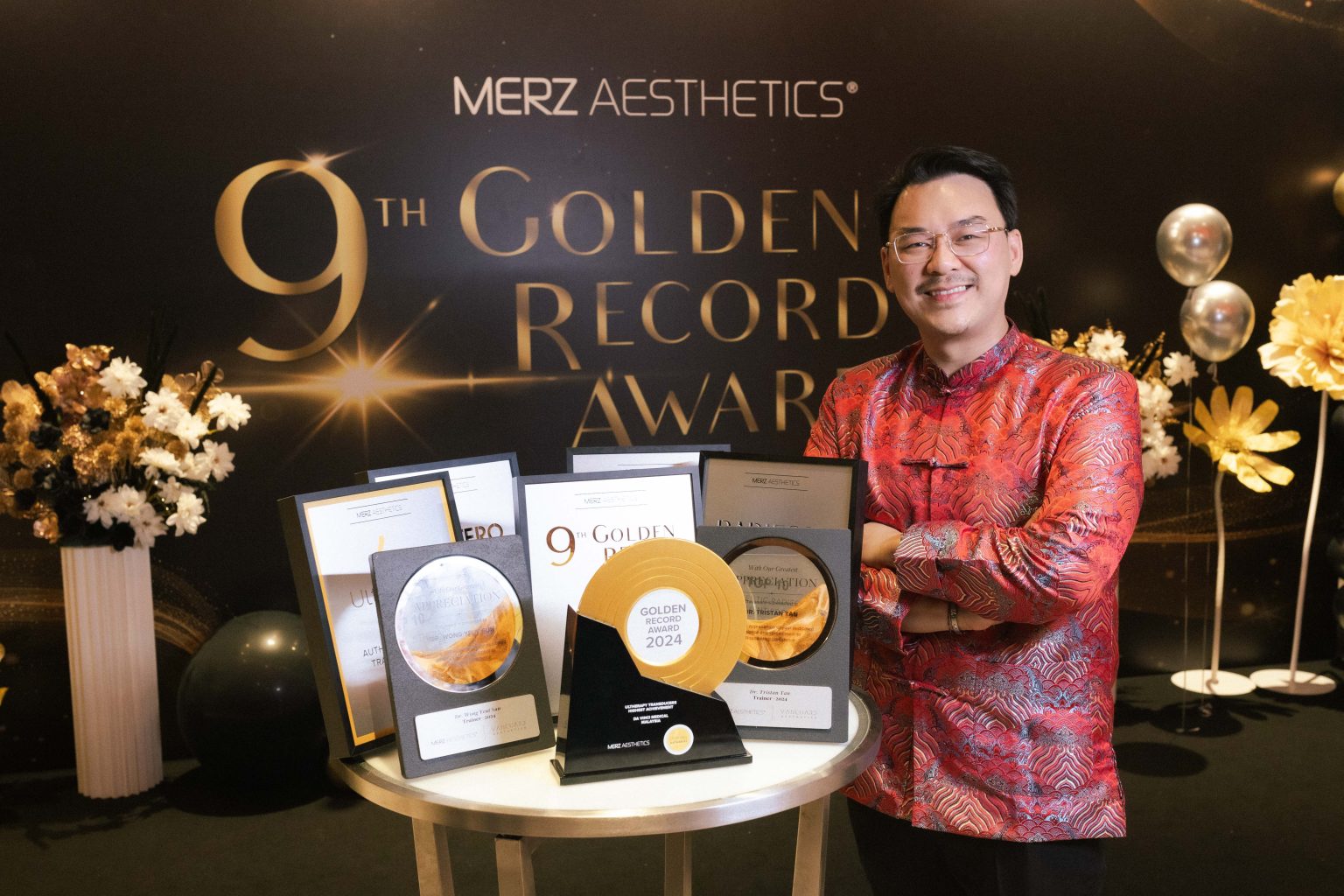 Dr. Tristan, Director & Founder of Da Vinci Clinic, receiving multiple awards at Merz Aesthetics 9th Golden Record Awards.