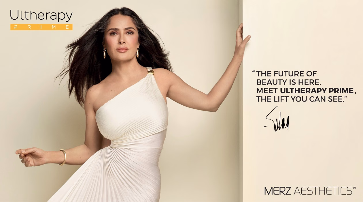 Salma Hayek, Ultherapy Prime Ambassador, showcasing youthful, lifted skin after non-invasive facelift treatment with Da Vinci Clinic.