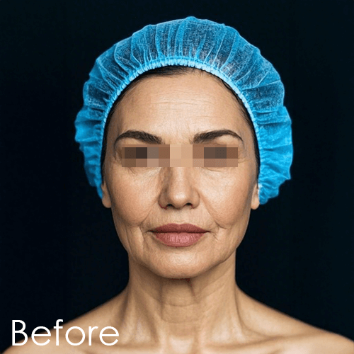 Pre-facelift treatment photo of Angie showing lax skin and subtle jowls
