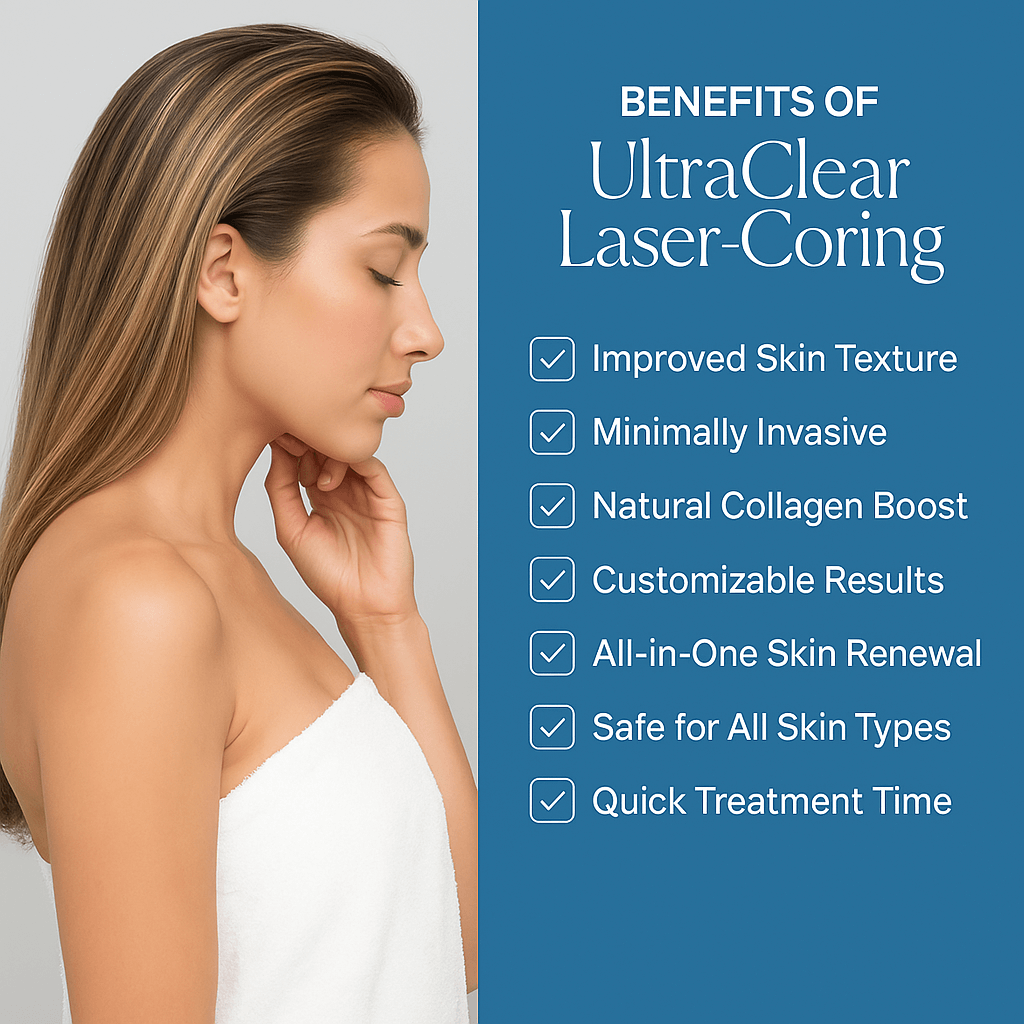 Woman with radiant skin after UltraClear Er:YAG laser treatment for skin rejuvenation and acne scar reduction"