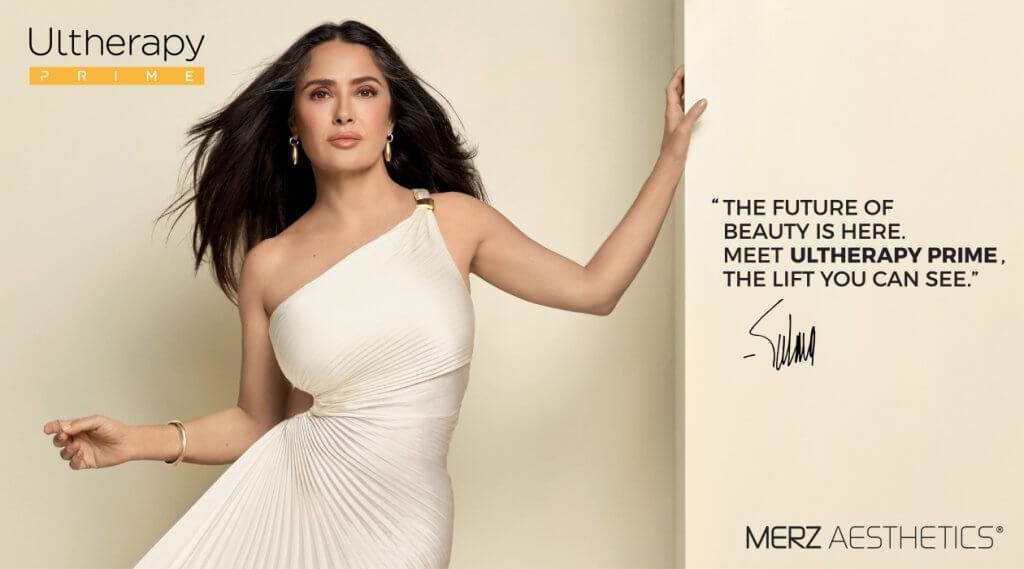 Salma Hayek, Ultherapy Prime Ambassador, showcasing youthful, lifted skin after non-invasive facelift treatment with Da Vinci Clinic.