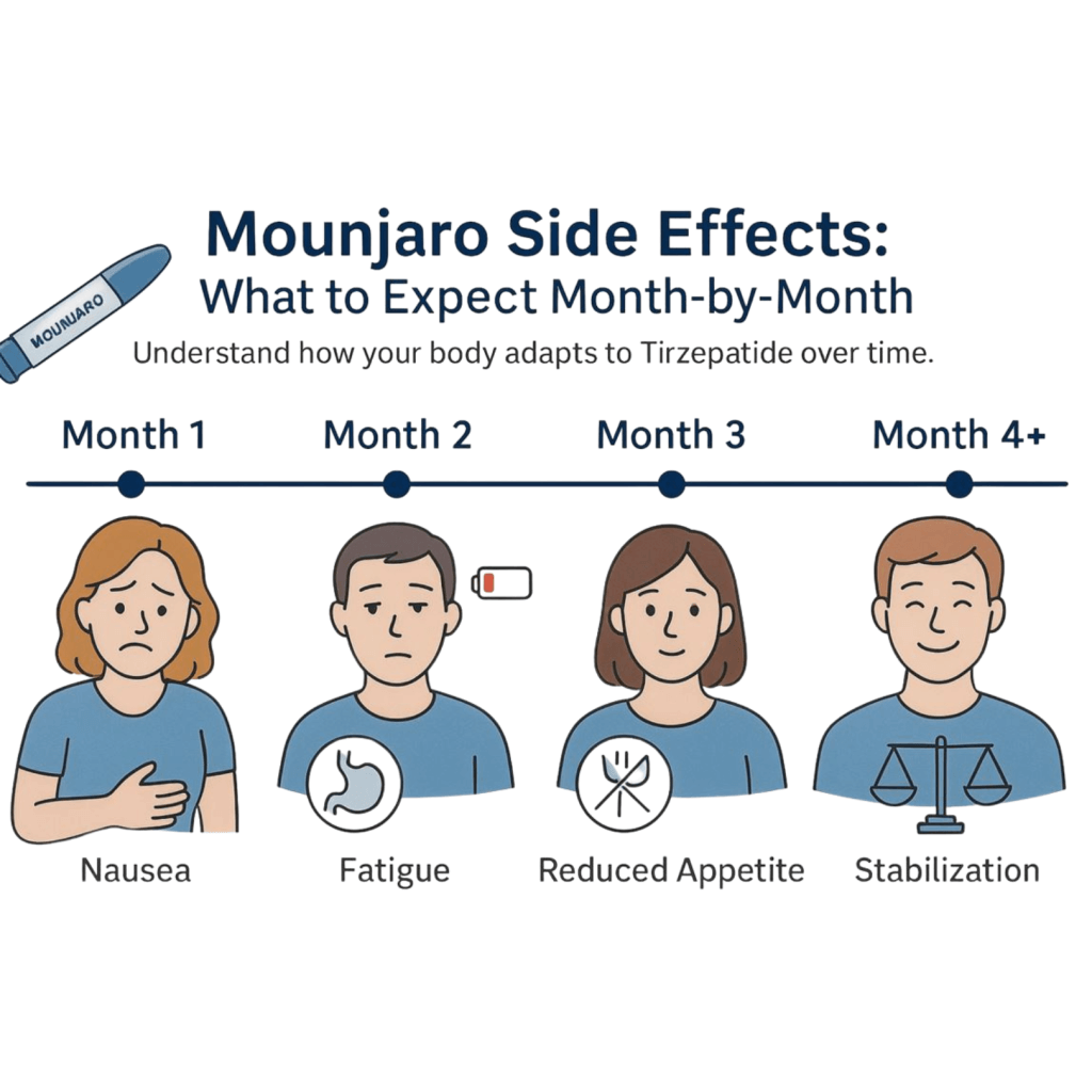 Common side effects of Mounjaro (tirzepatide) for weight loss and diabetes.
