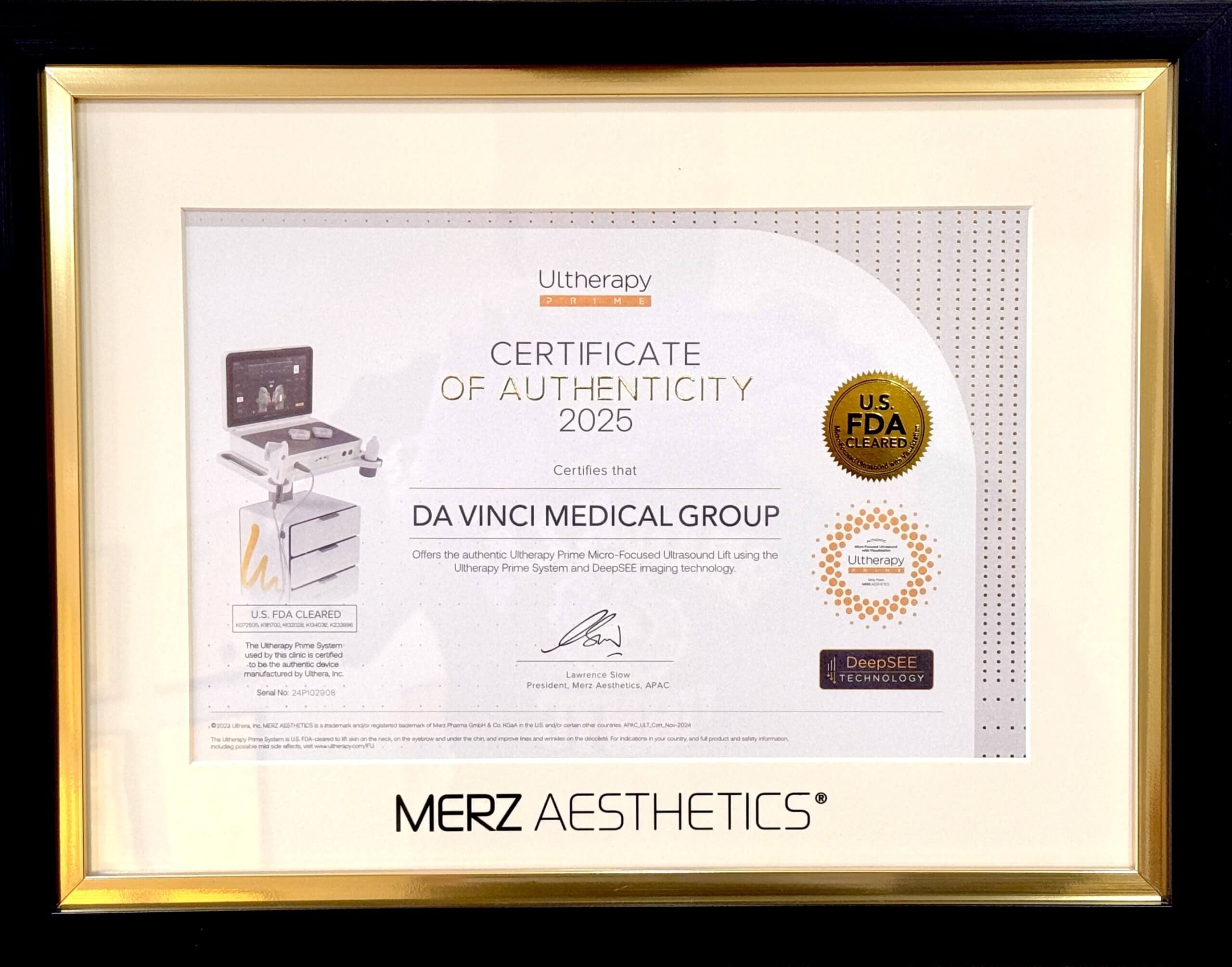 Certificate of Authenticity of Ultherapy Prime