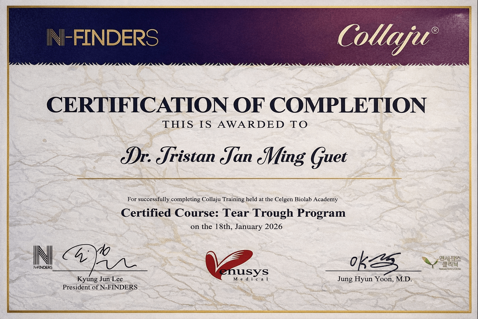 Collaju Tear Trough Program Certificate - Dr Tristan Tan