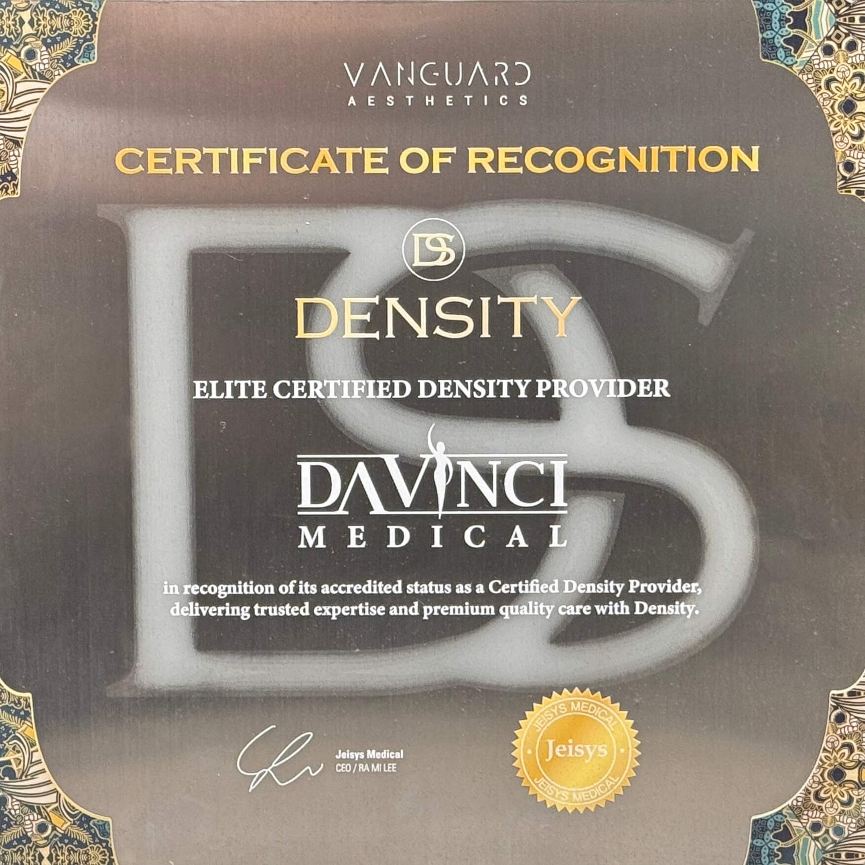 Jeisys Medical Elite Certified DENSITY Provider Certificate of Recognition