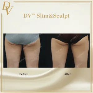 Before and after thigh reduction results with DV™ Slim&Sculpt body contour treatment.