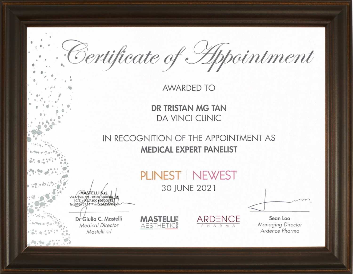 Certificate of Mastery Ellanse - Dr Tristan Tan