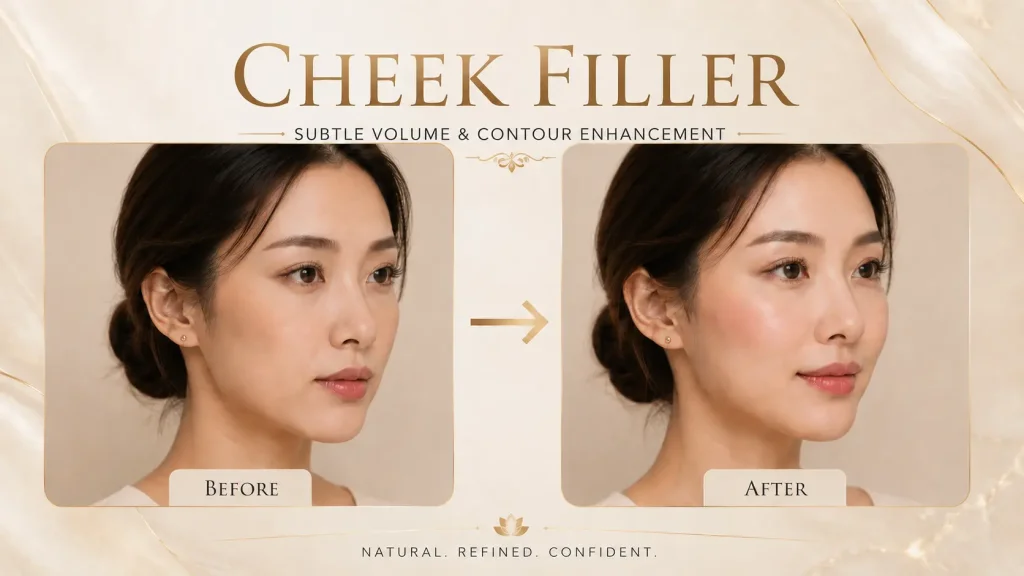 Before-and-after cheek filler treatment by Da Vinci Clinic Malaysia showing subtle cheek volume restoration and facial contour enhancement.