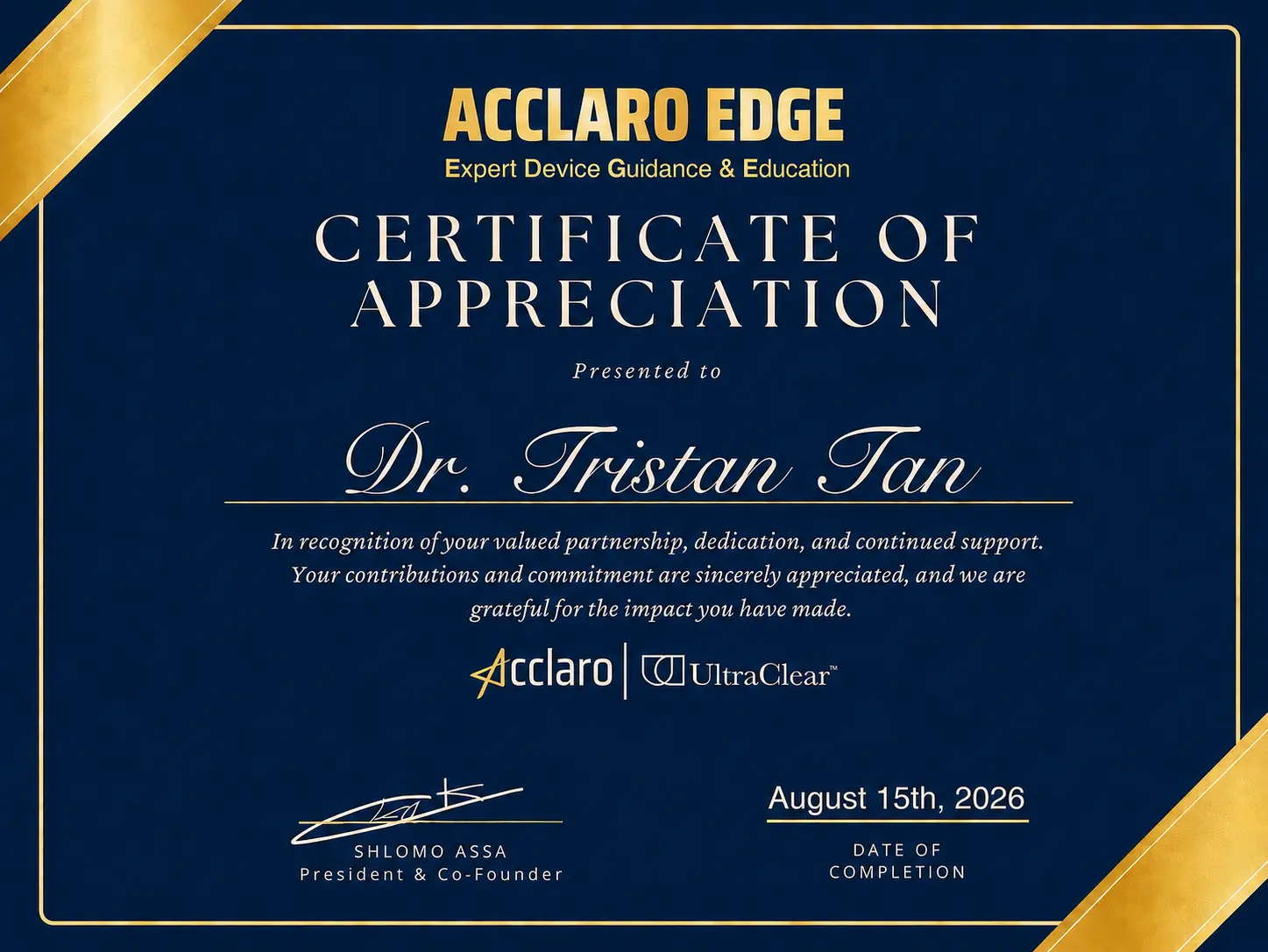 Acclaro Edge Certificate of Appreciation - Dr Tristan Tan
